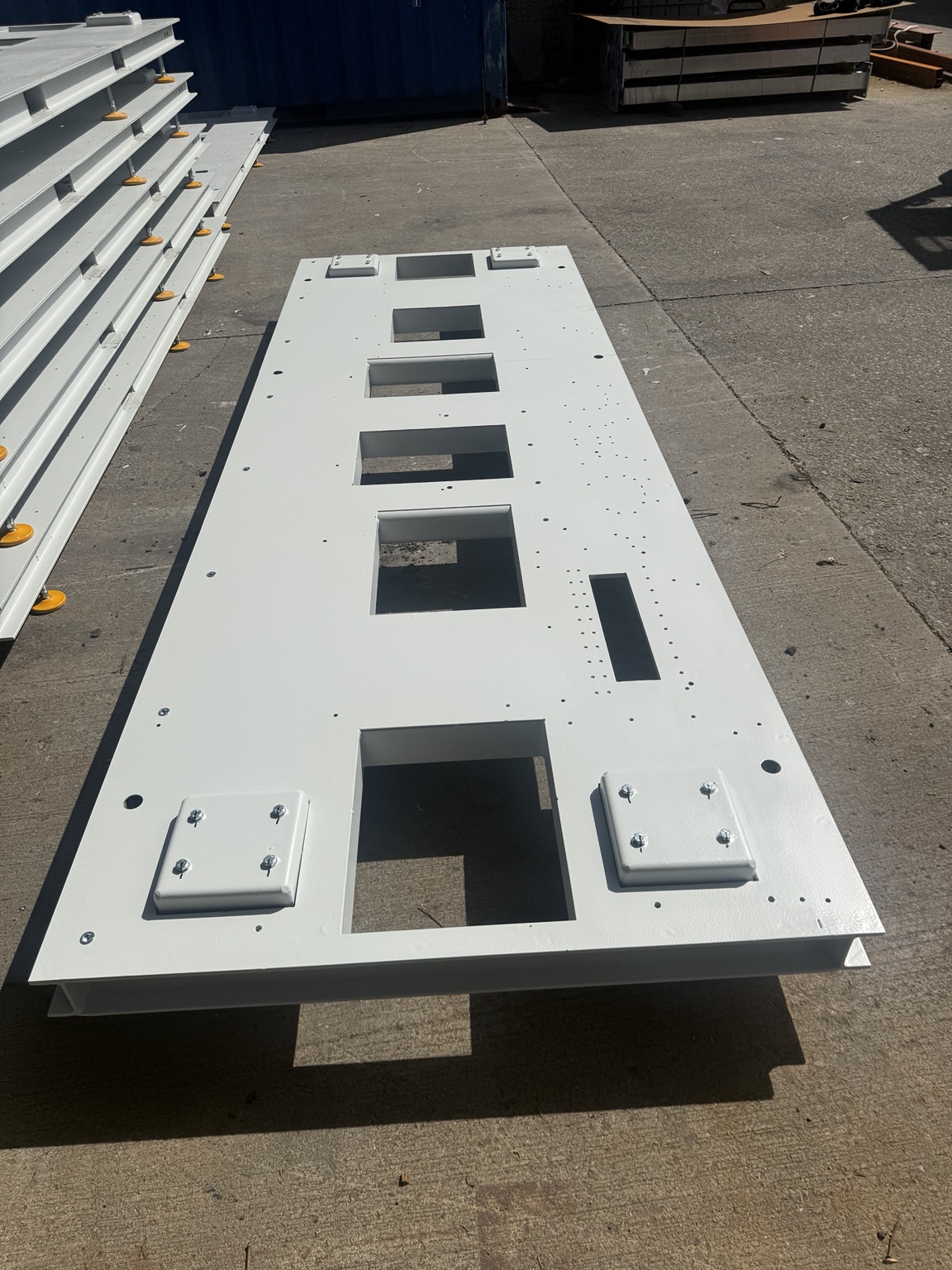 Completed upper deck skid fabrication with engineered mounting points and service openings